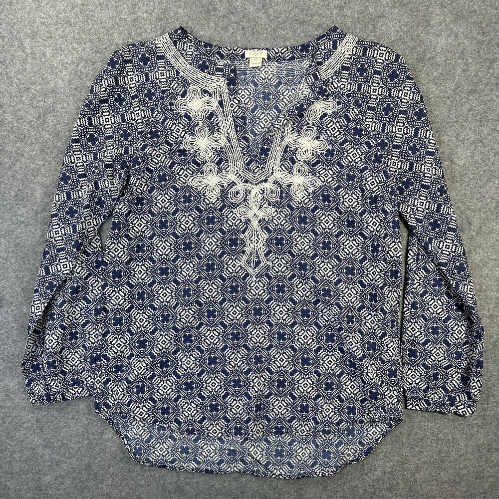 J.Crew Blouse Womens XS Blue Geometric Embroidered V Neck Boho Tunic Top